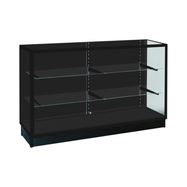 F1-1. Black Extra Vision Aluminum Display Case with Tempered Glass Finish, Sliding Doors, and Adjustable Shelves