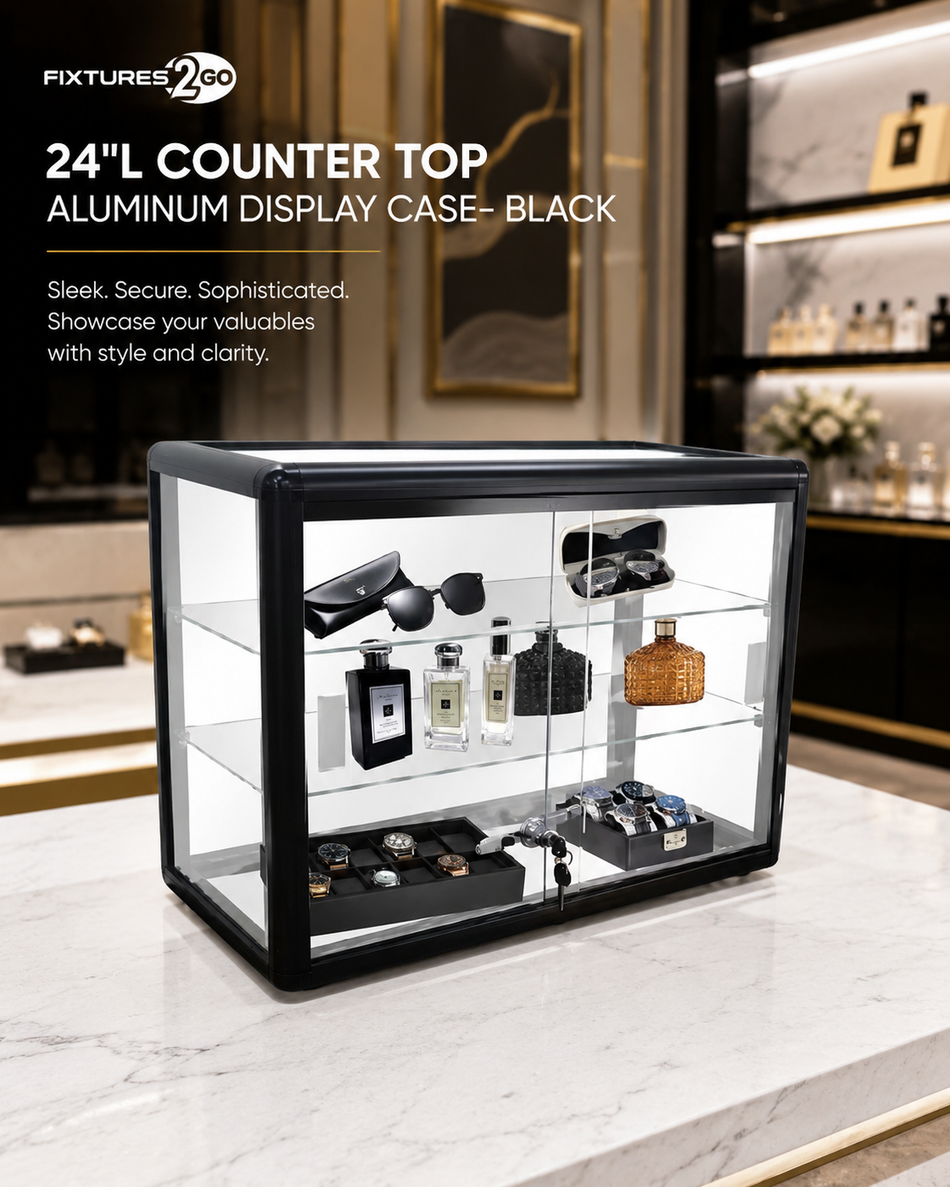 F4-5. 24" Black Aluminum Countertop Glass Display Case with Sliding Doors