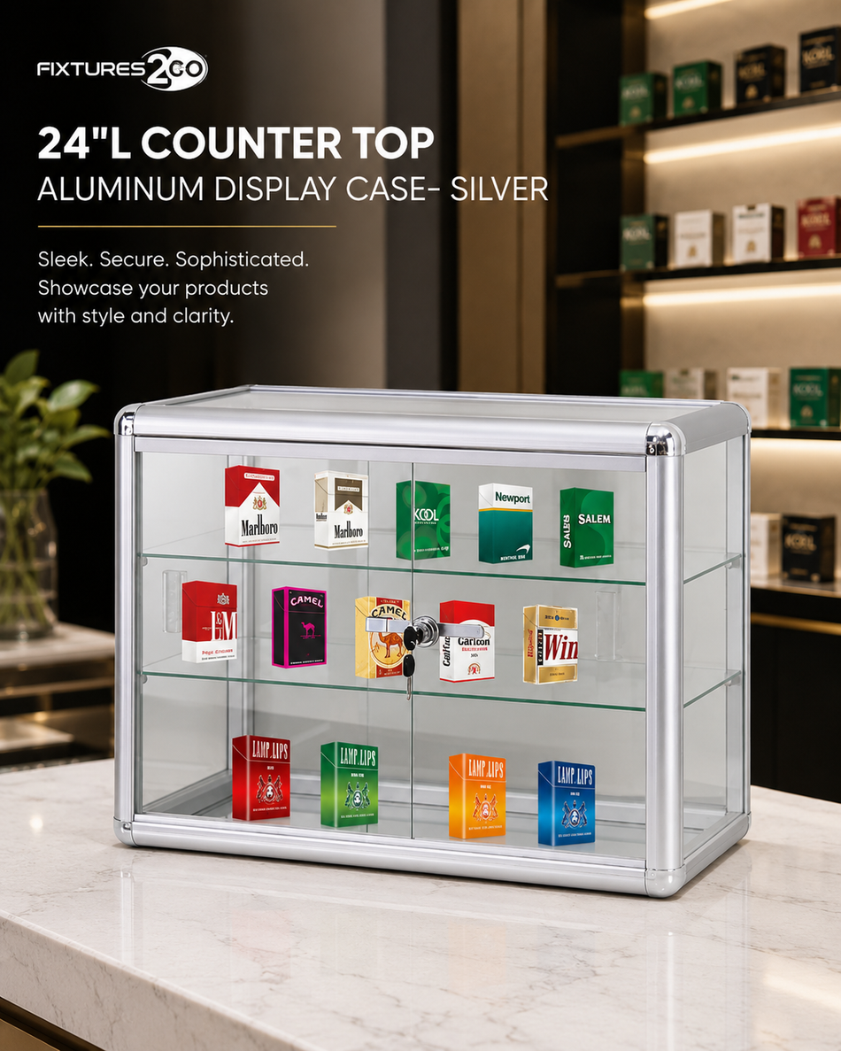F4-8. 24" Silver Aluminum Countertop Glass Display Case with Sliding Doors