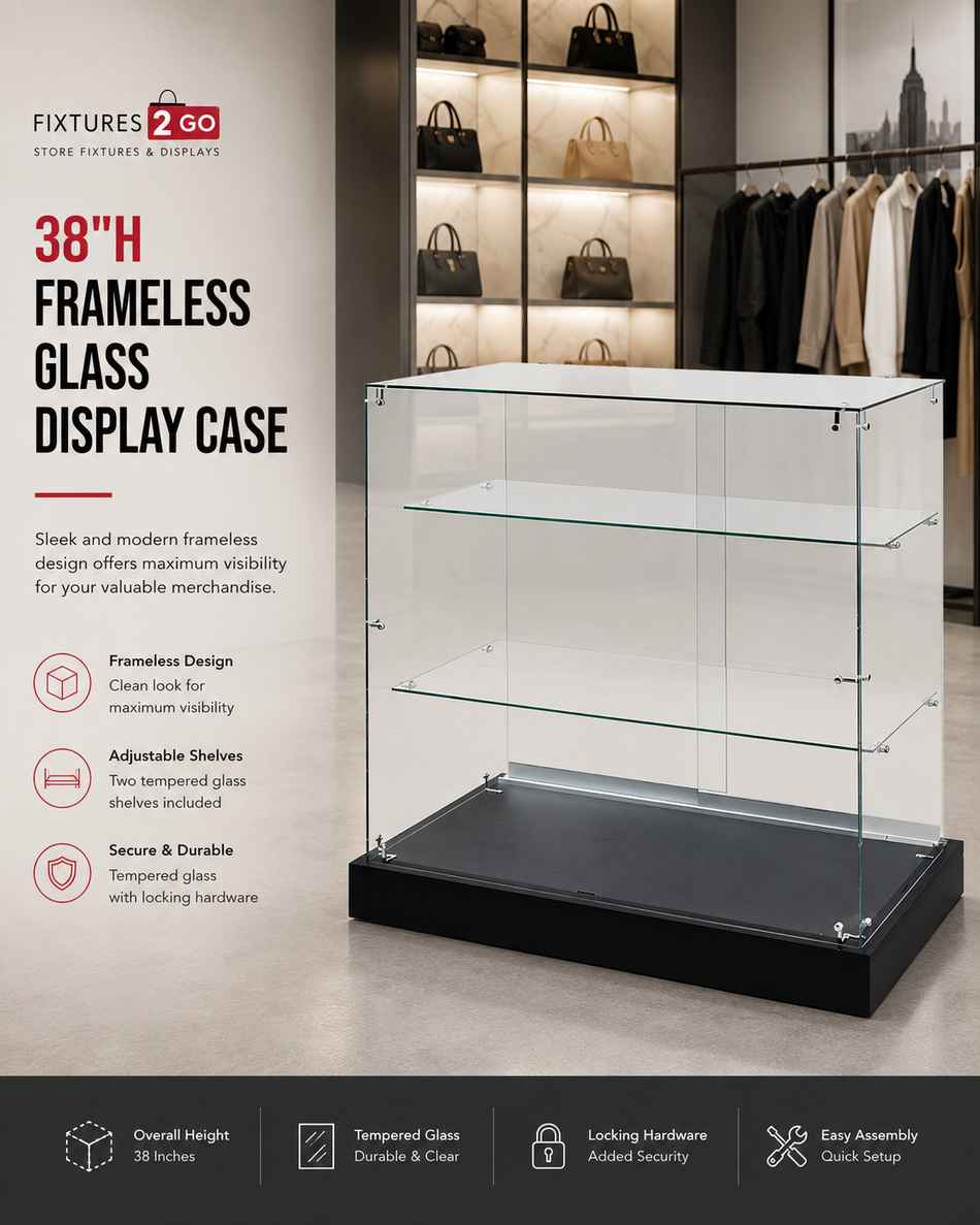 F3-25. 38" Frameless Glass Display Case with Locking Sliding Doors