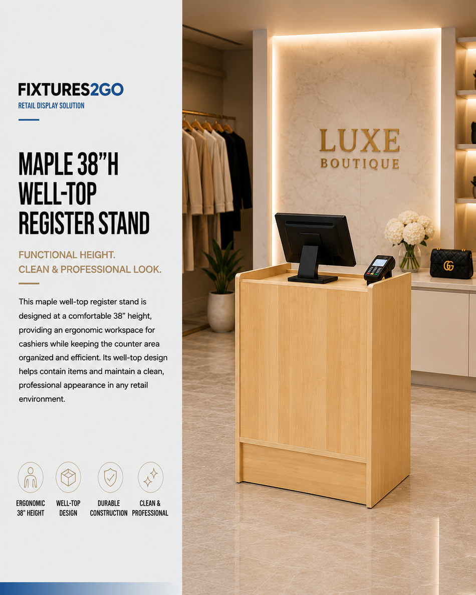 F3-12. 38" Maple Well-Top Retail Register Stand with Locking Drawer