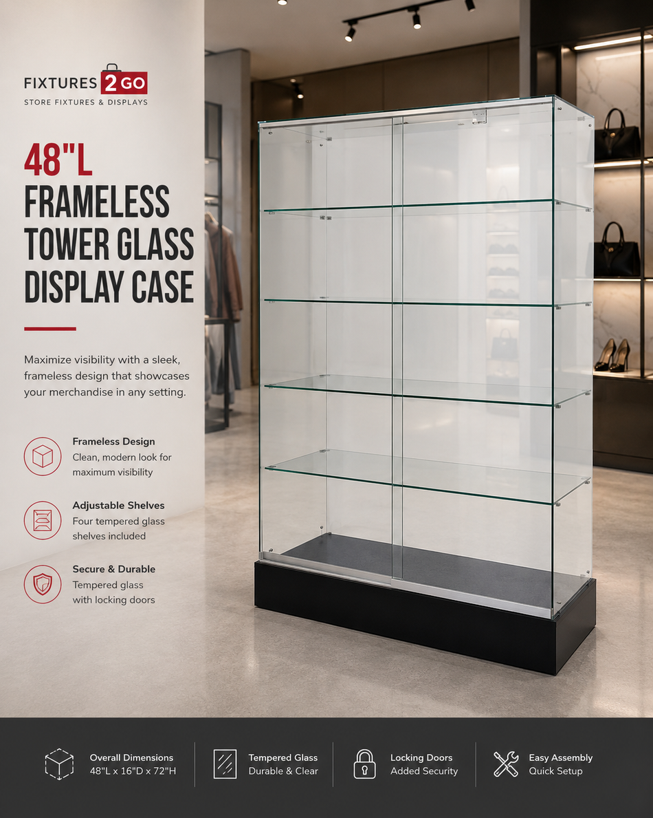 F4-7. 48" Frameless Tower Glass Display Case with Locking Sliding Doors