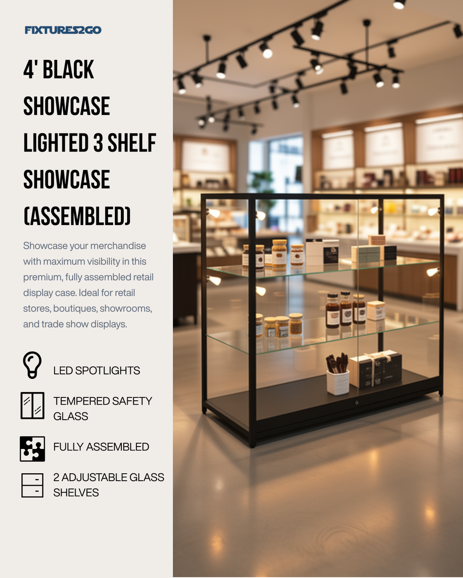 F2-14 4' Black Extra Half Vision LED Glass Display Showcase – Assembled