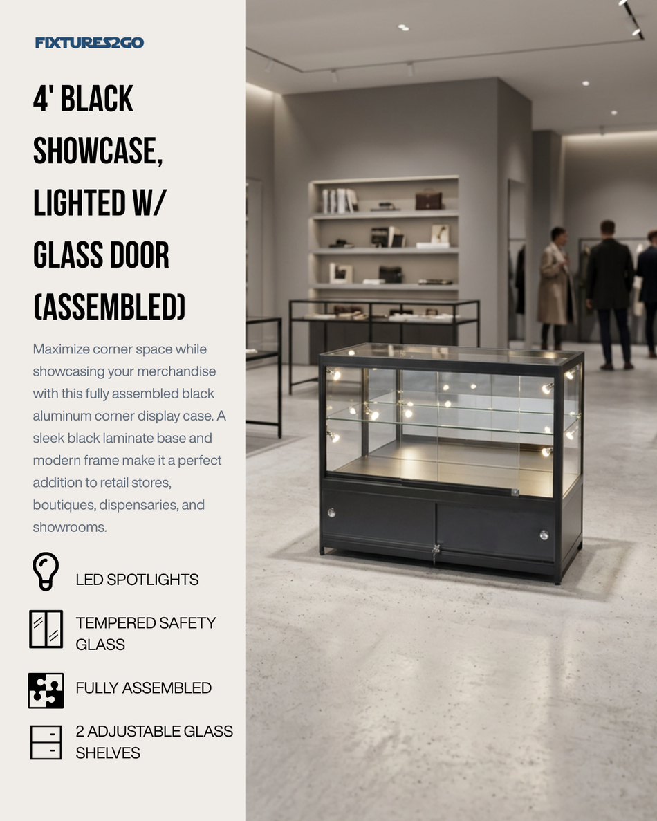 F2-17 4' BLACK LIGHTED GLASS DISPLAY SHOWCASE – 3 SHELVES, ASSEMBLED