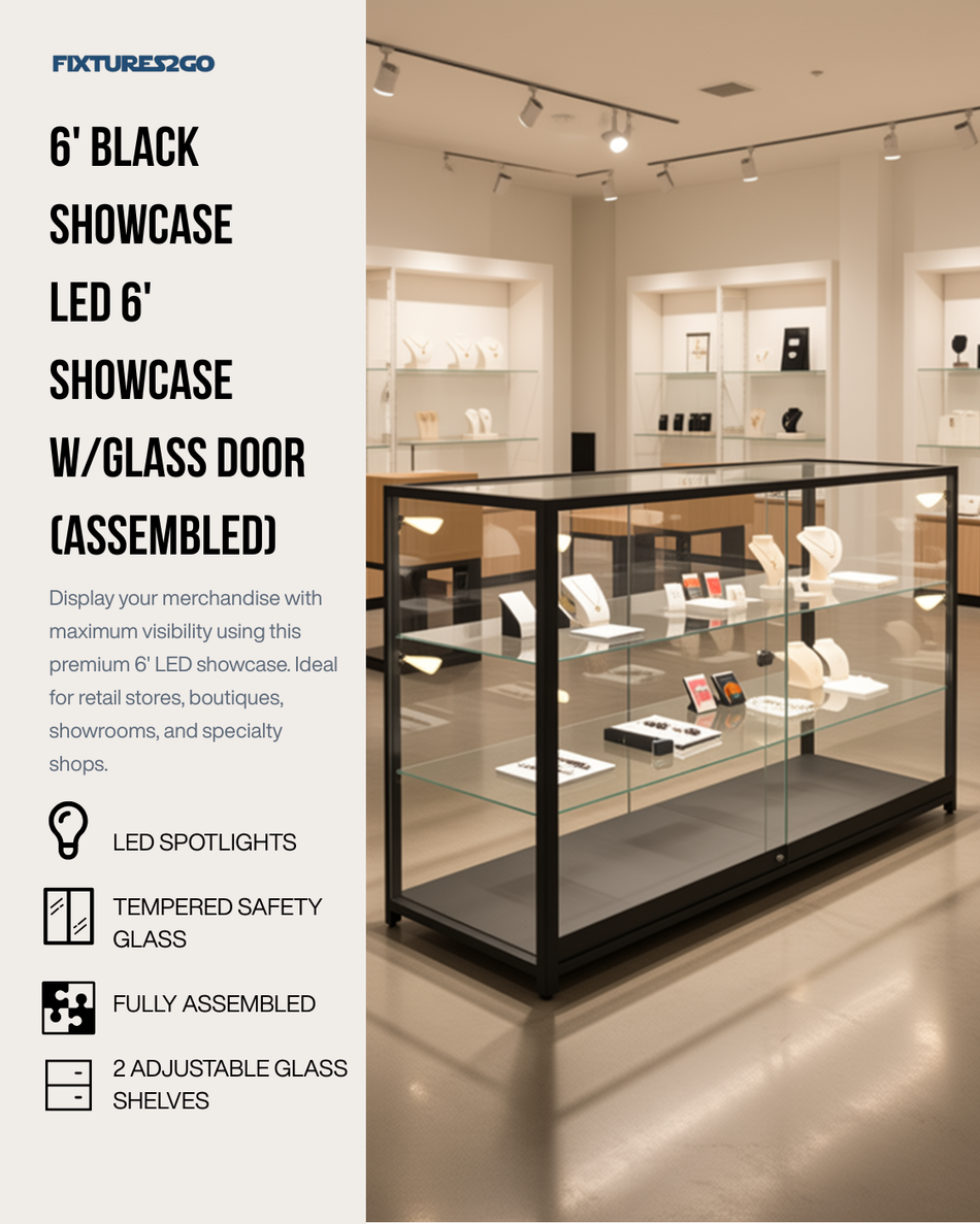 F2-15 6' Black LED Lighted Glass Display Showcase – Assembled