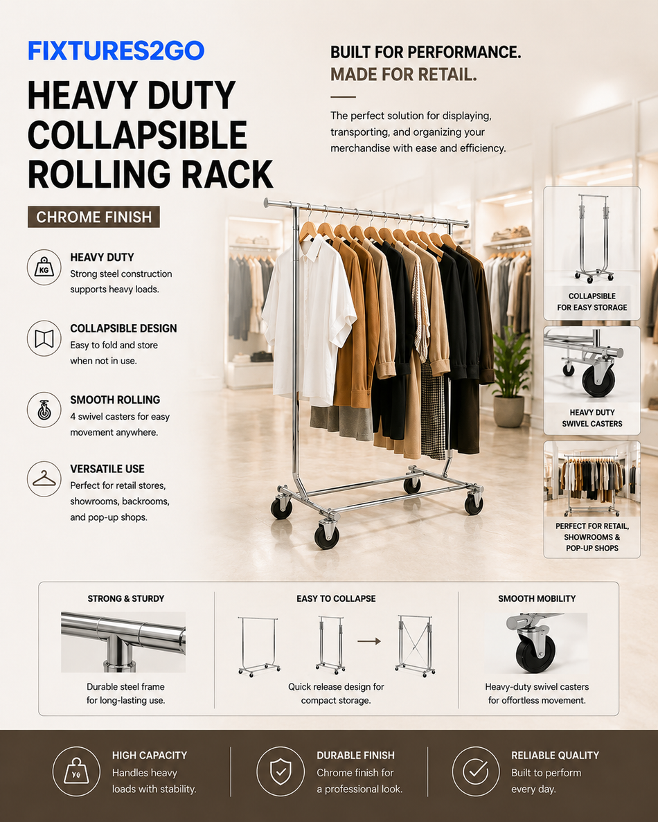 [FINAL SALE] A-12 Heavy Duty Collapsible Rolling Garment Rack – Chrome