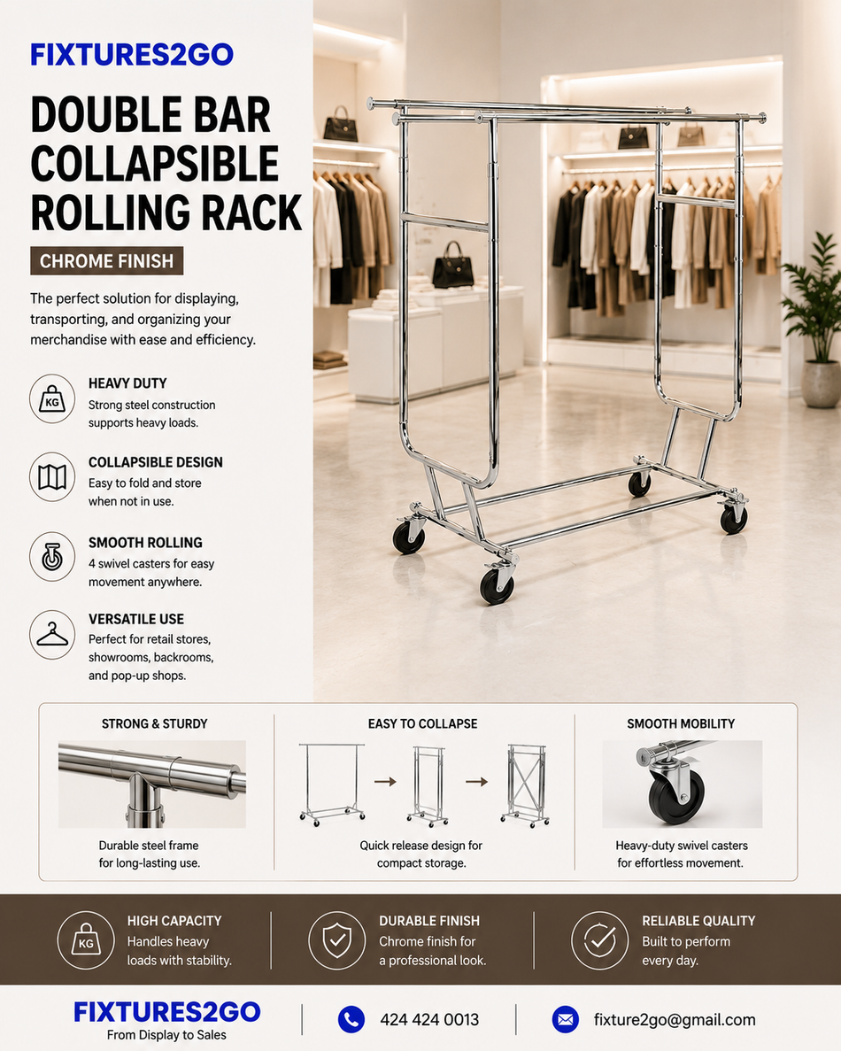 A-14 Double Bar Heavy Duty Collapsible Rolling Garment Rack – Chrome