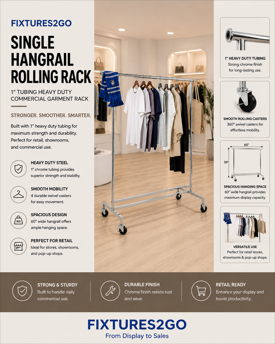 A-21 Heavy Duty Single Hangrail Rolling Garment Rack – Chrome