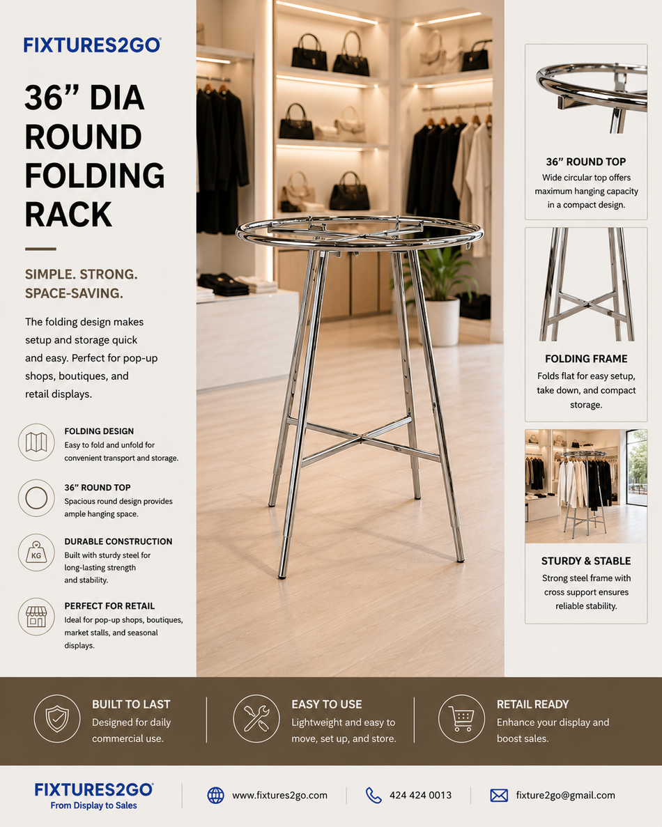 A-28 36" Round Folding Garment Rack – Adjustable Height
