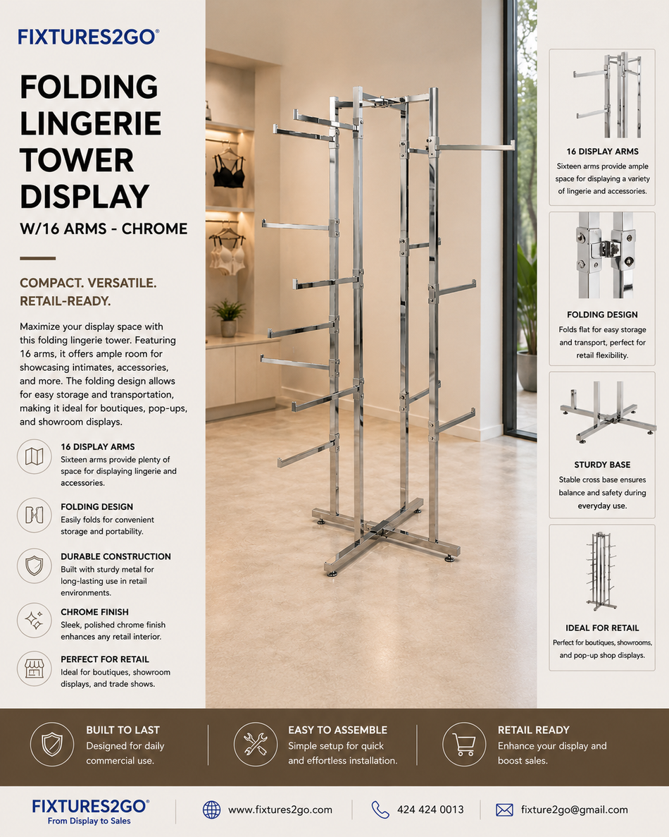 A-48 Folding Lingerie Tower Display with 16 Arms – Chrome
