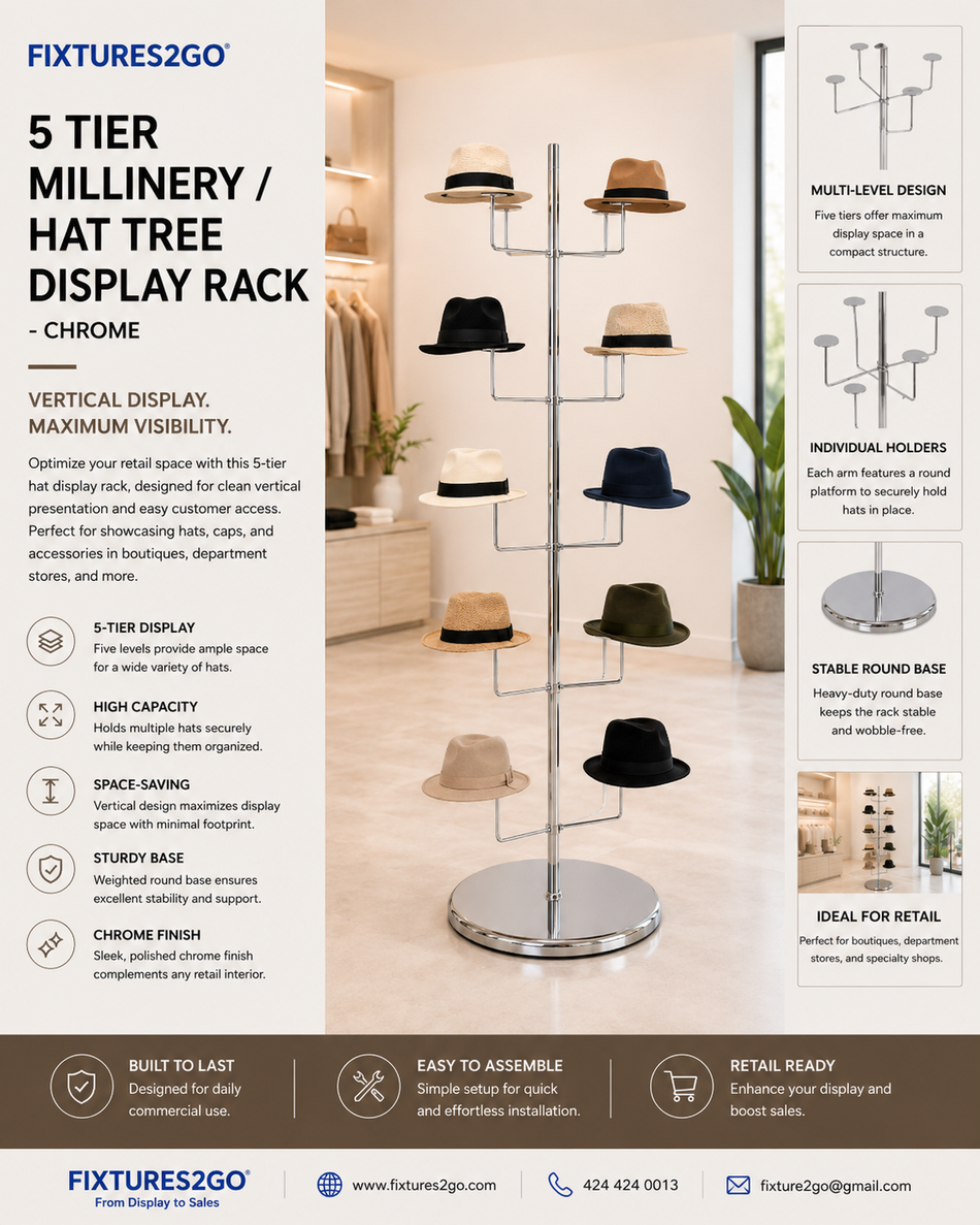 A-49 5-Tier Millinery Hat Tree Display Rack – Chrome
