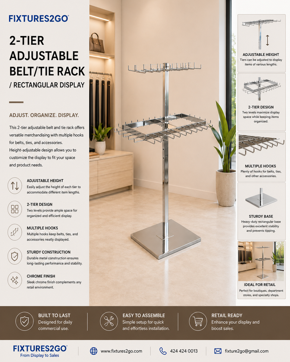 A-52. Adjustable 2-Tier Belt & Tie Display Rack – Chrome