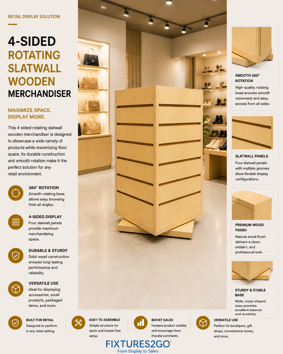 B4-23. 4-SIDED ROTATING SLATWALL WOODEN MERCHANDISER