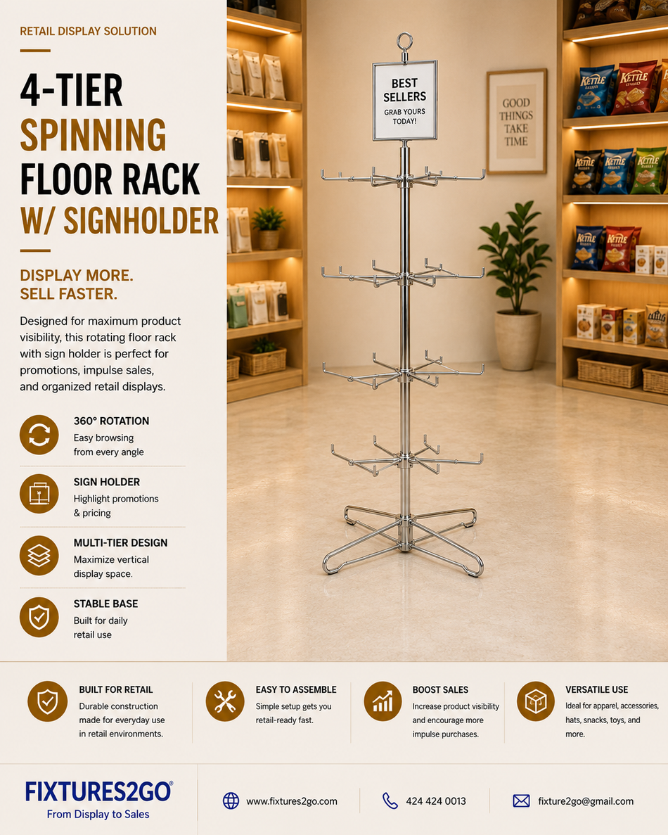 B1-10. 4 TIER SPINNING FLOOR RACK W/ SIGNHOLDER