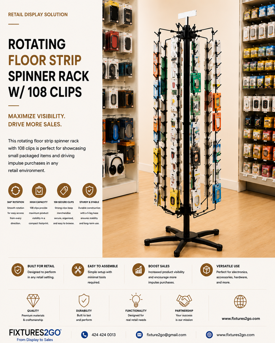 B1-13. ROTATING FLOOR STRIP SPINNER RACK W/ 108 CLIPS