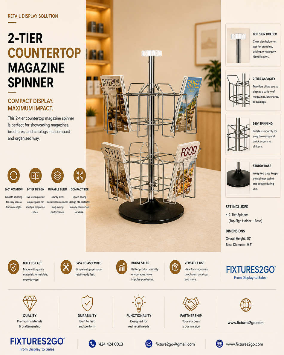 B1-11. 2-Tier Rotating Countertop Magazine Display – Chrome
