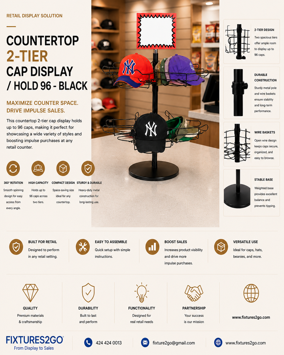 B1-14. 2-Tier Countertop Cap Display Rack – Black