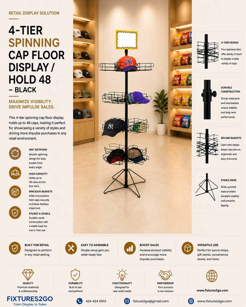 B1-16 4-Tier Spinning Cap Floor Display – Holds 48 Caps – Black