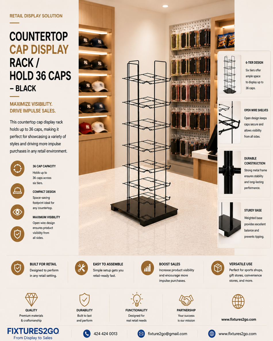 B1-17 Countertop Cap Display Rack / Holds 36 Caps – Black