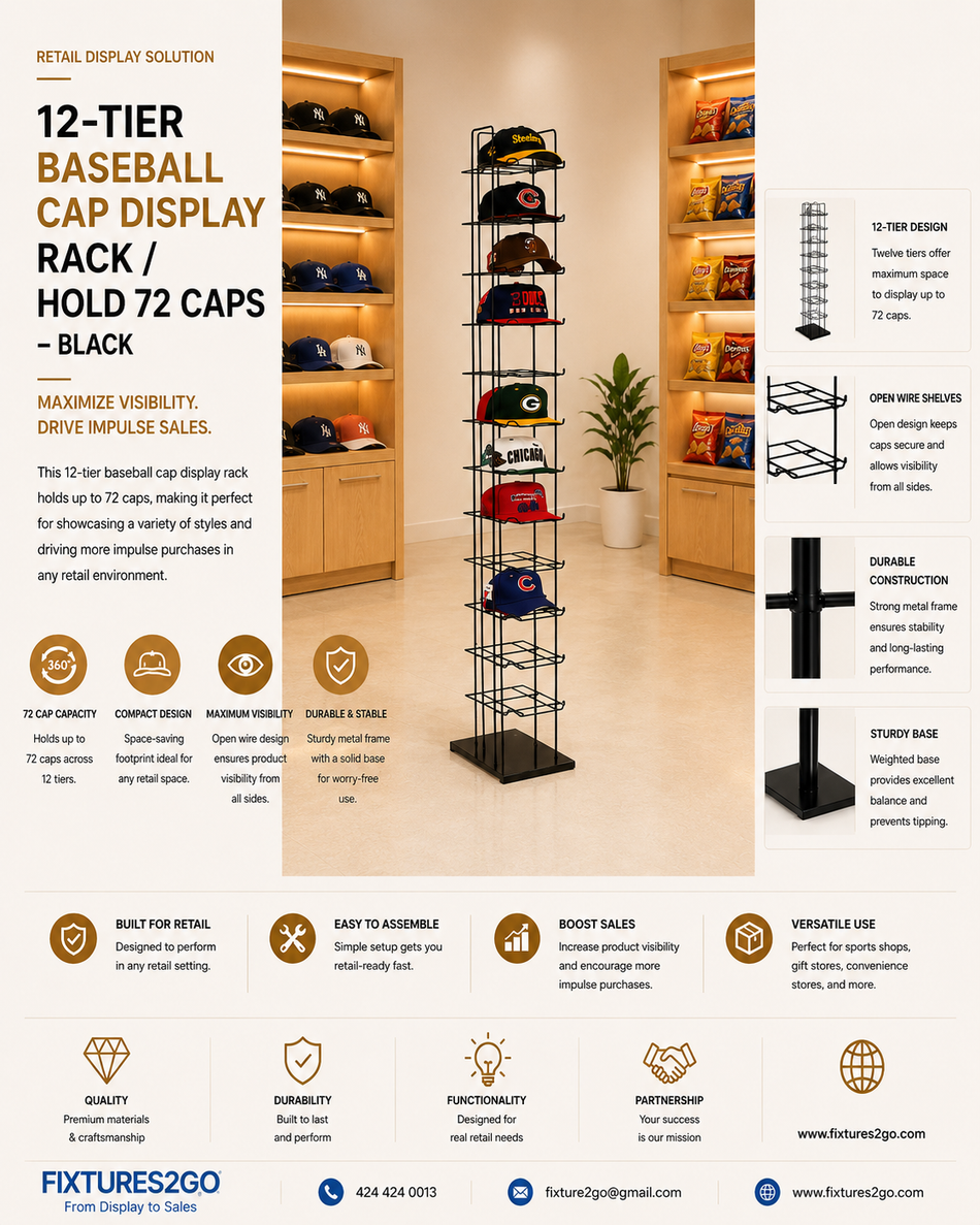 B1-18 12-Tier Baseball Cap Display Rack – Holds 72 Caps – Black