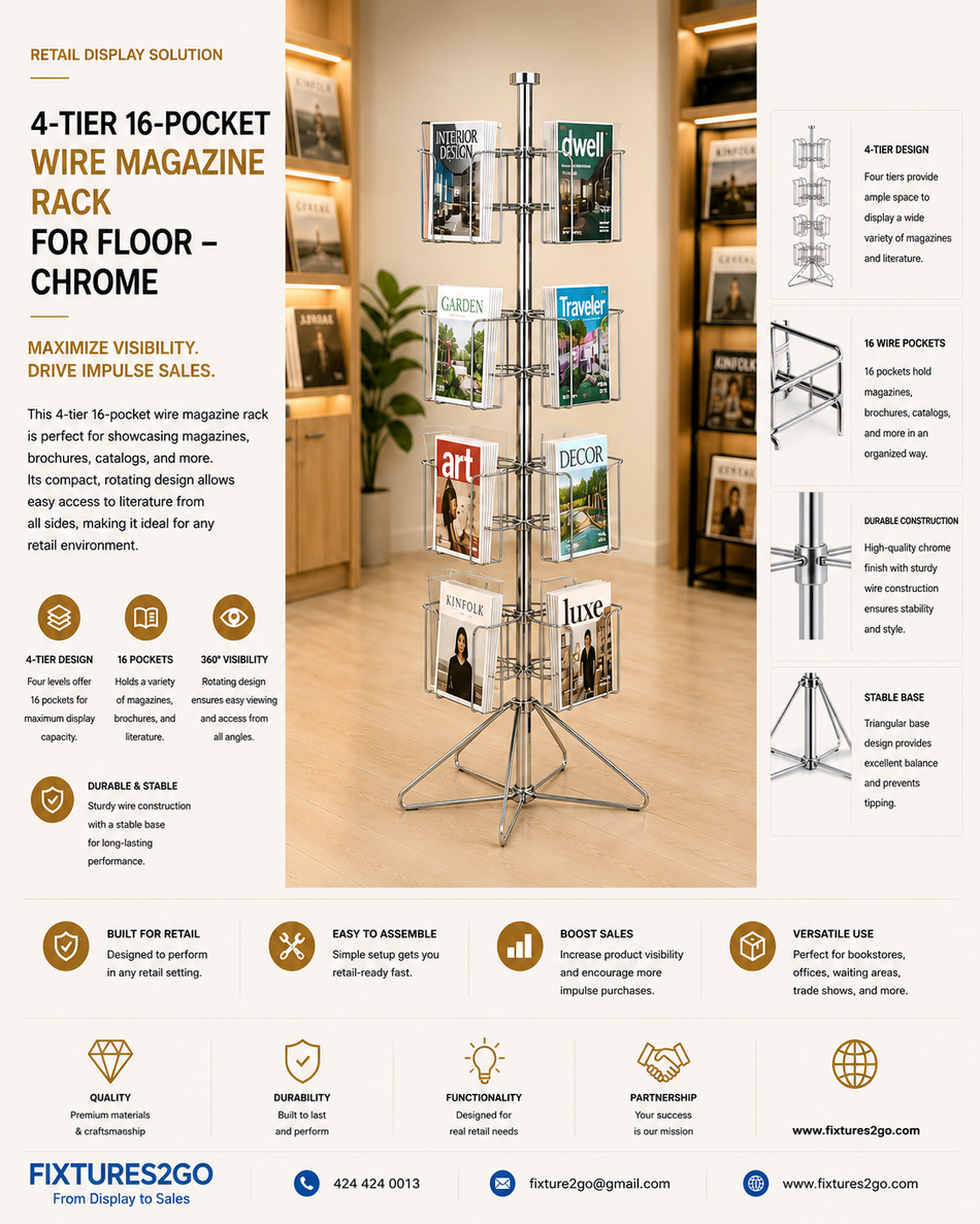 B1-22. 4-Tier 16-Pocket Rotating Magazine Floor Rack – Chrome
