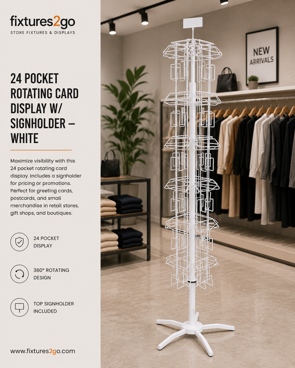 B1-23. 24 POCKET ROTATING CARD DISPLAY W/ SIGNHOLDER - WHITE