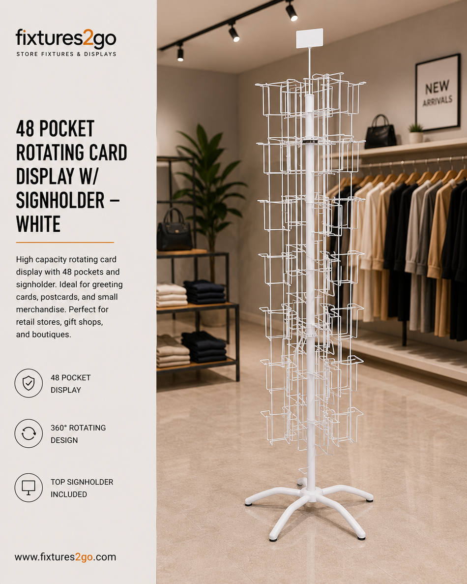 B1-24. 48 POCKET ROTATING CARD DISPLAY W/ SIGNHOLDER - WHITE
