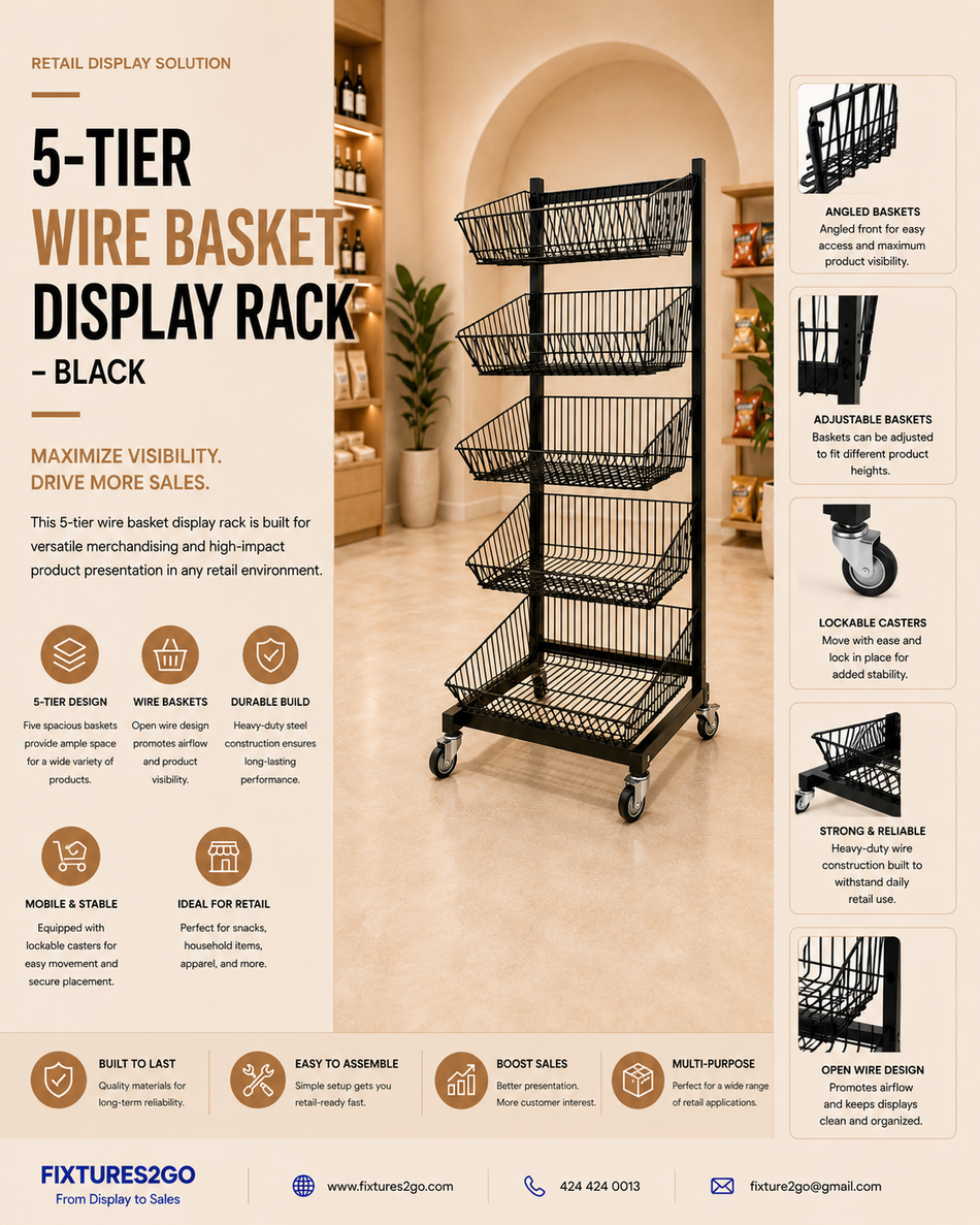 B1-3 5-Tier Wire Basket Display Rack with Casters – Black