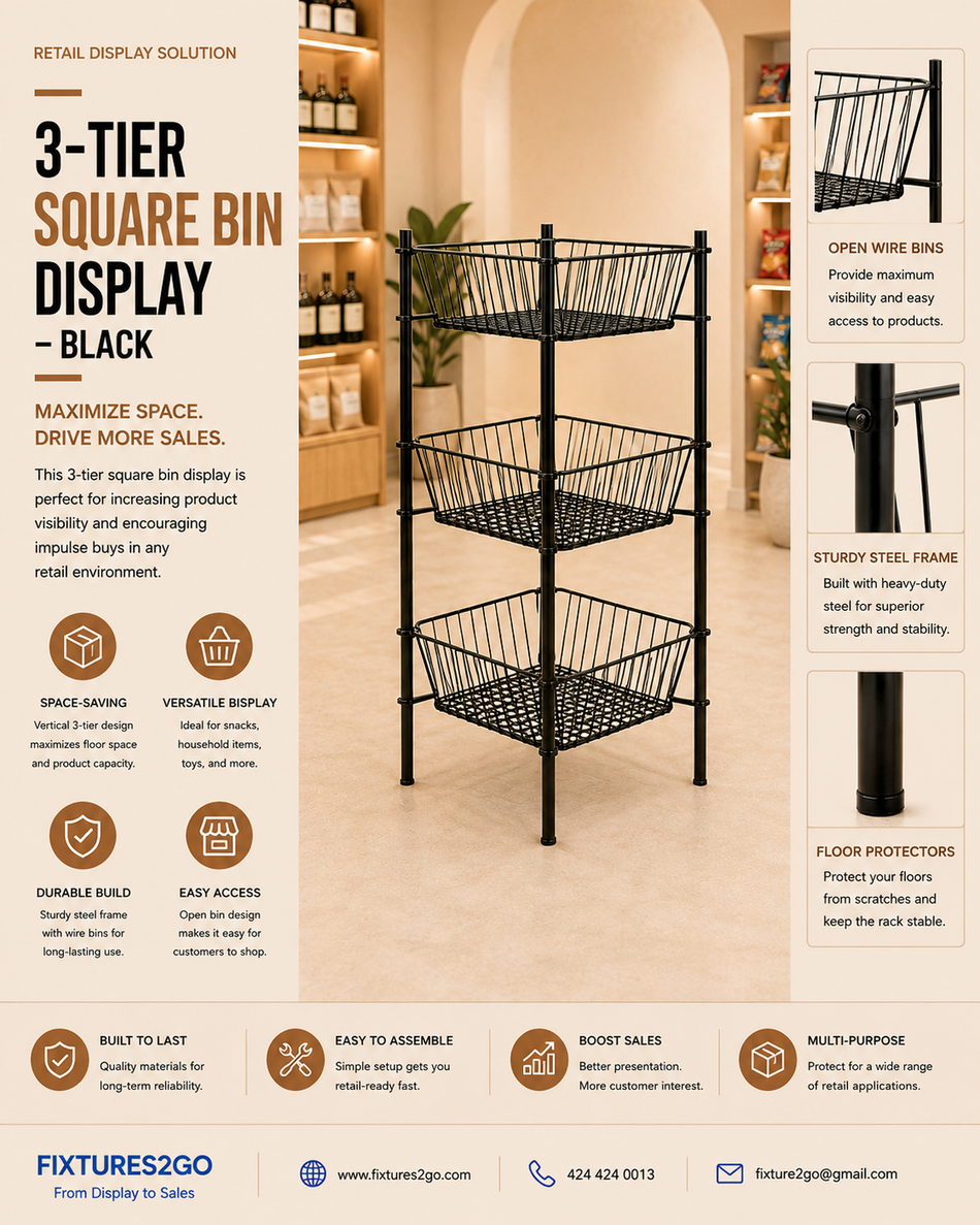 B1-4. 3-Tier Square Wire Basket Display – Black