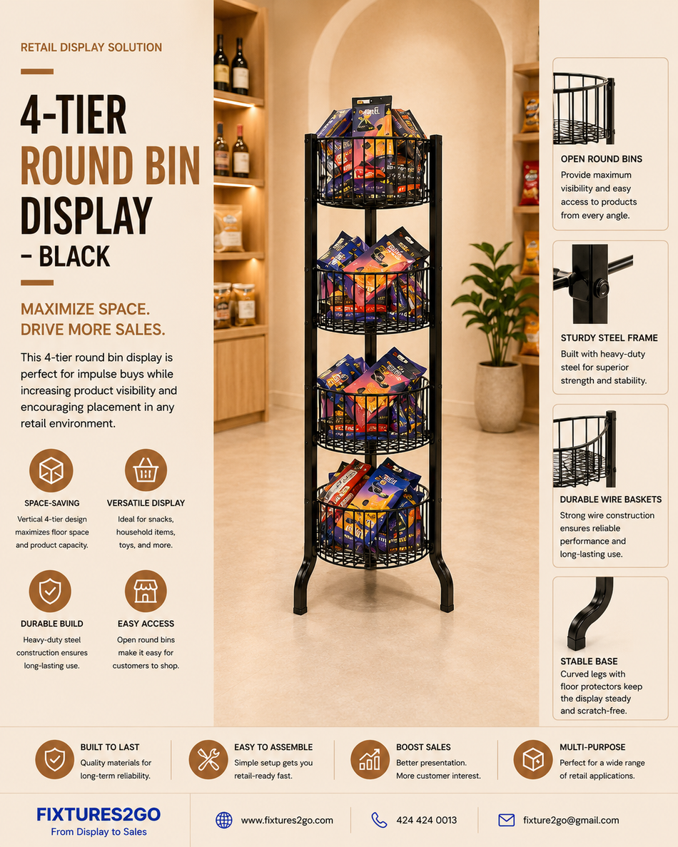 B1-5. 4-Tier Round Wire Basket Display Rack with Casters – Black