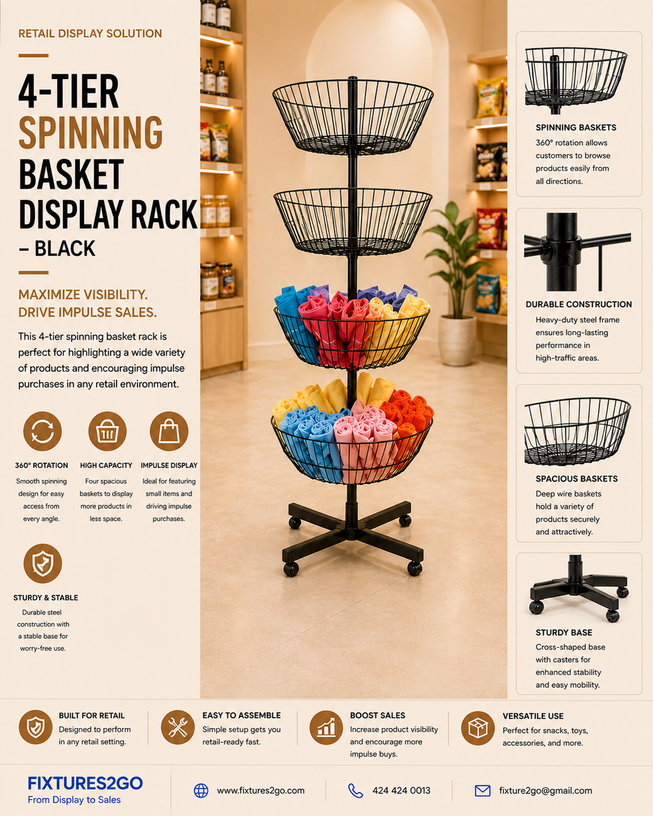 B1-6. 4-Tier Spinning Basket Floor Rack with Casters – Black