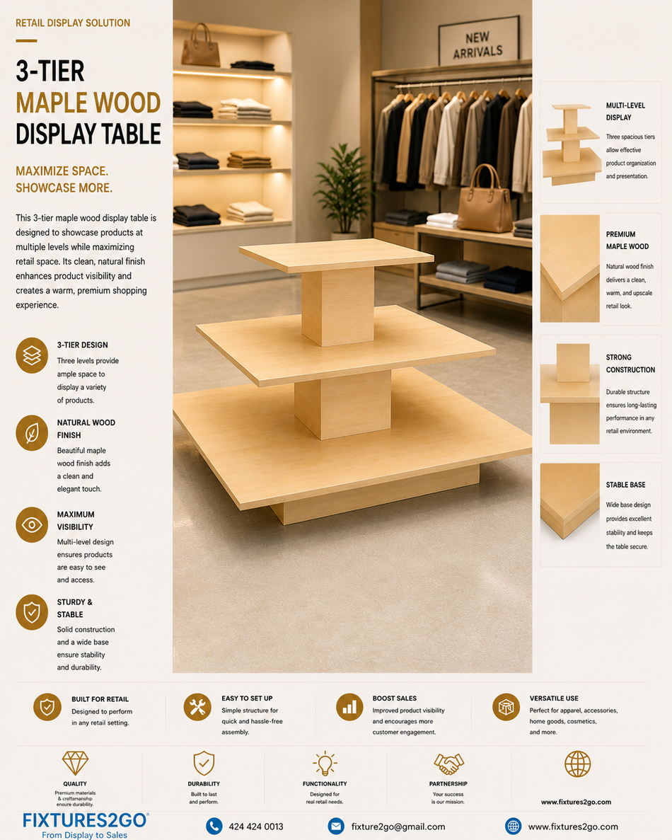 B3-1 3-Tier Maple Wood Square Retail Display Table – 48"W x 48"D x 42"H
