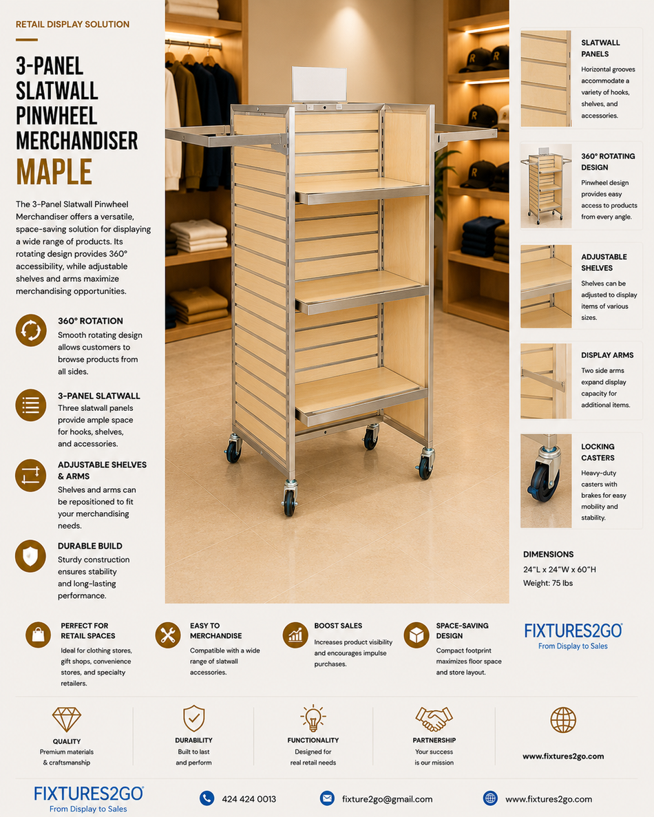 B7-6. 3-PANEL SLATWALL PINWHEEL MERCHANDISER - MAPLE