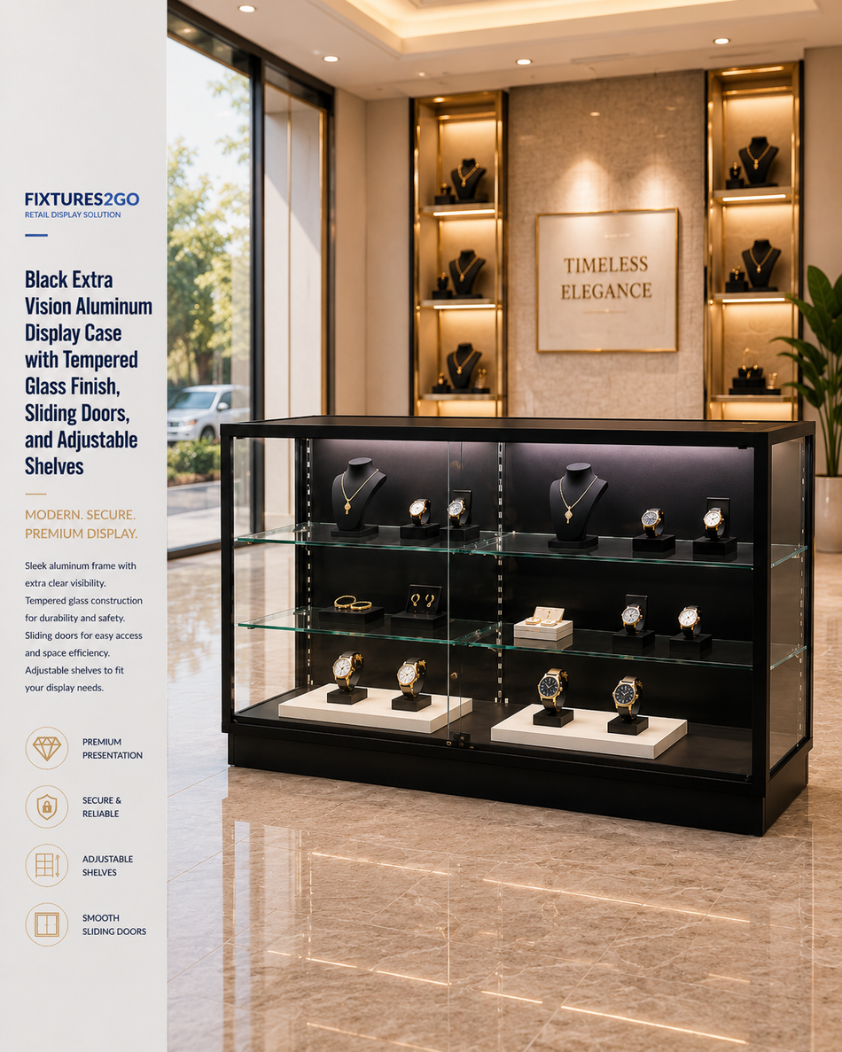 F1-1. Black Aluminum Display Showcase with Tempered Glass & Sliding Doors