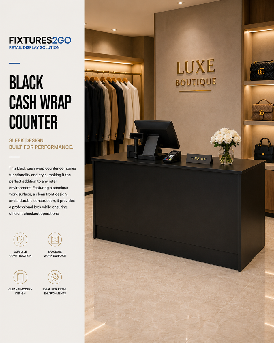 F2-12 Black Cash Wrap Counter with Adjustable Storage Shelves