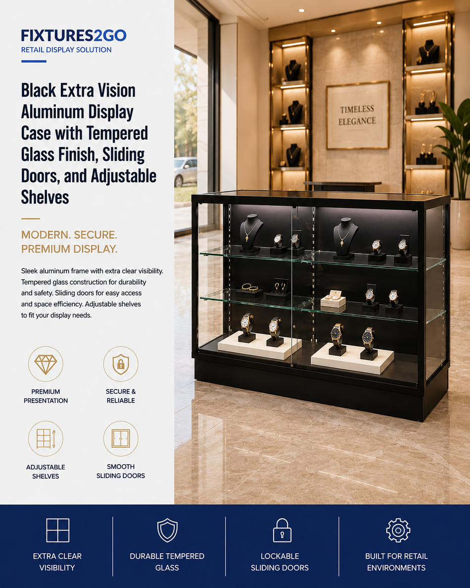 F1-1. Black Extra Vision Aluminum Display Case with Tempered Glass Finish, Sliding Doors, and Adjustable Shelves