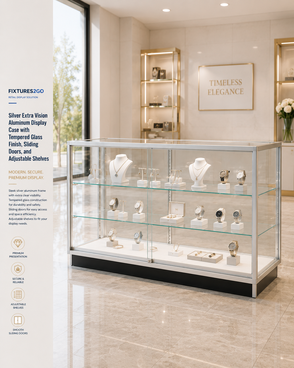 F1-2. Silver Extra Vision Aluminum Display Case with Tempered Glass Finish, Sliding Doors, and Adjustable Shelves