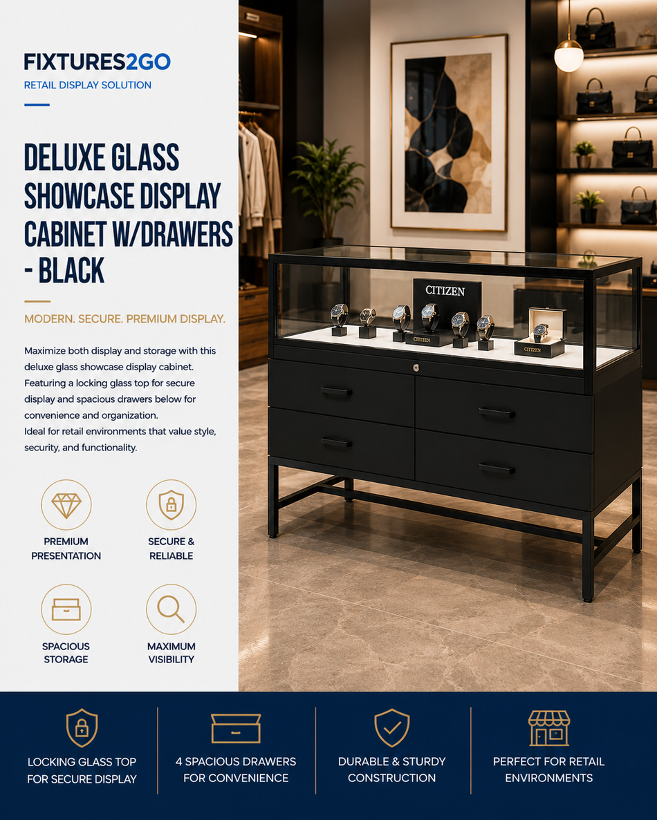F1-26. DELUXE GLASS SHOWCASE DISPLAY CABINET W/DRAWERS - BLACK