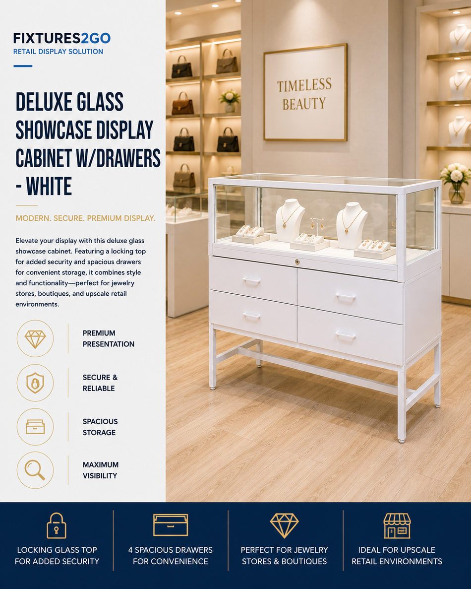 F1-28. DELUXE GLASS SHOWCASE DISPLAY CABINET W/DRAWERS - WHITE