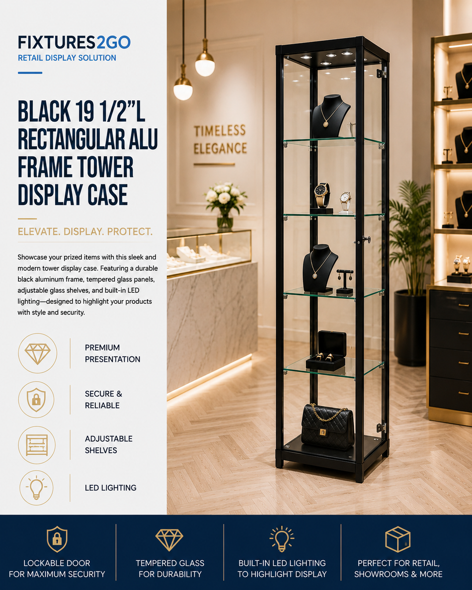 F1-29. BLACK 19 1/2"L RECTANGULAR ALU FRAME TOWER DISPLAY CASE