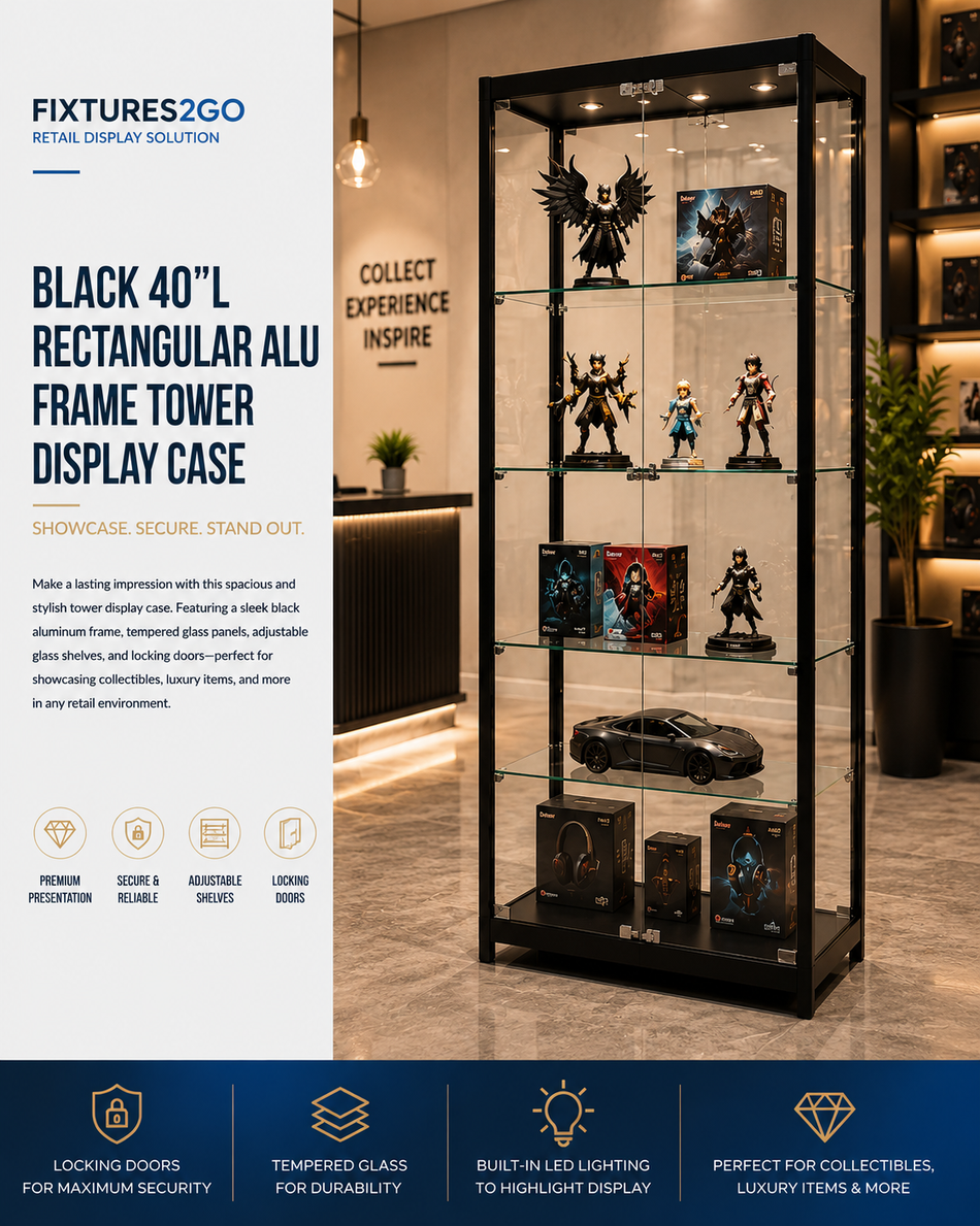 F1-30. BLACK 40"L RECTANGULAR ALU FRAME TOWER DISPLAY CASE