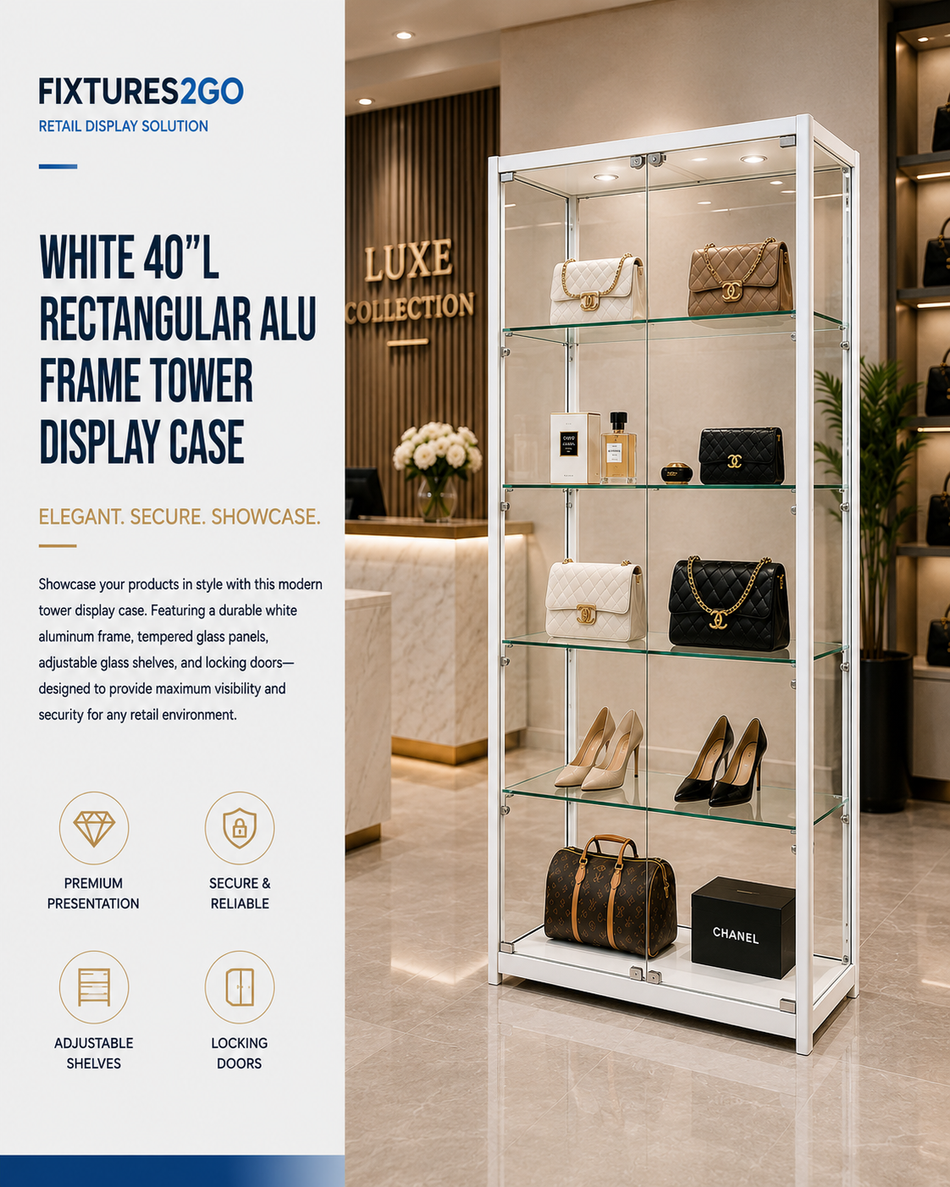 F1-32. WHITE 40"L RECTANGULAR ALU FRAME TOWER DISPLAY CASE