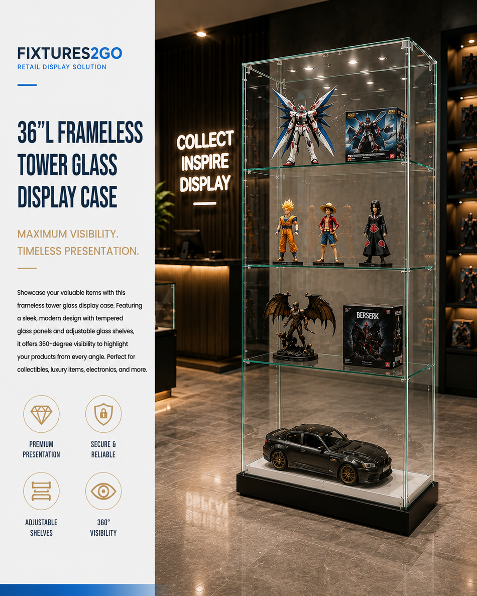 F1-34. 36"L FRAMELESS TOWER GLASS DISPLAY CASE