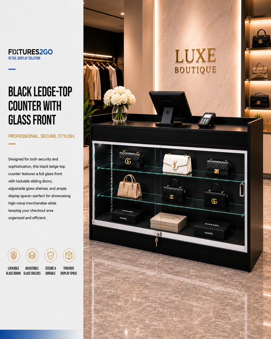 F2-17. BLACK LEDGE TOP COUNTER WITH GLASS FRONT