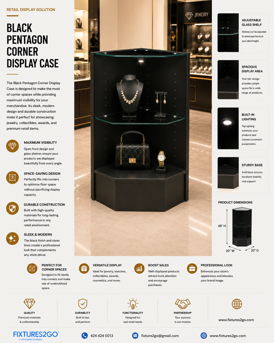 F2-19. BLACK PENTAGON CORNER DISPLAY CASE