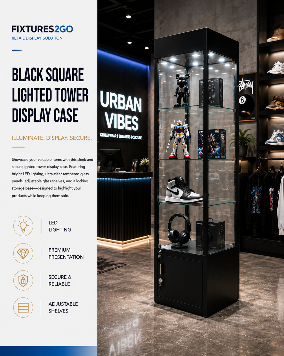 F2-3. BLACK SQUARE LIGHTED TOWER DISPLAY CASE