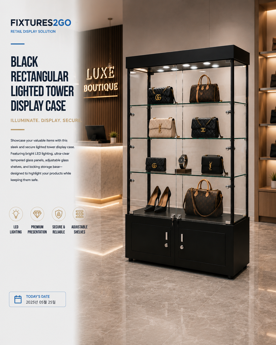F2-6. BLACK RECTANGULAR LIGHTED TOWER DISPLAY CASE