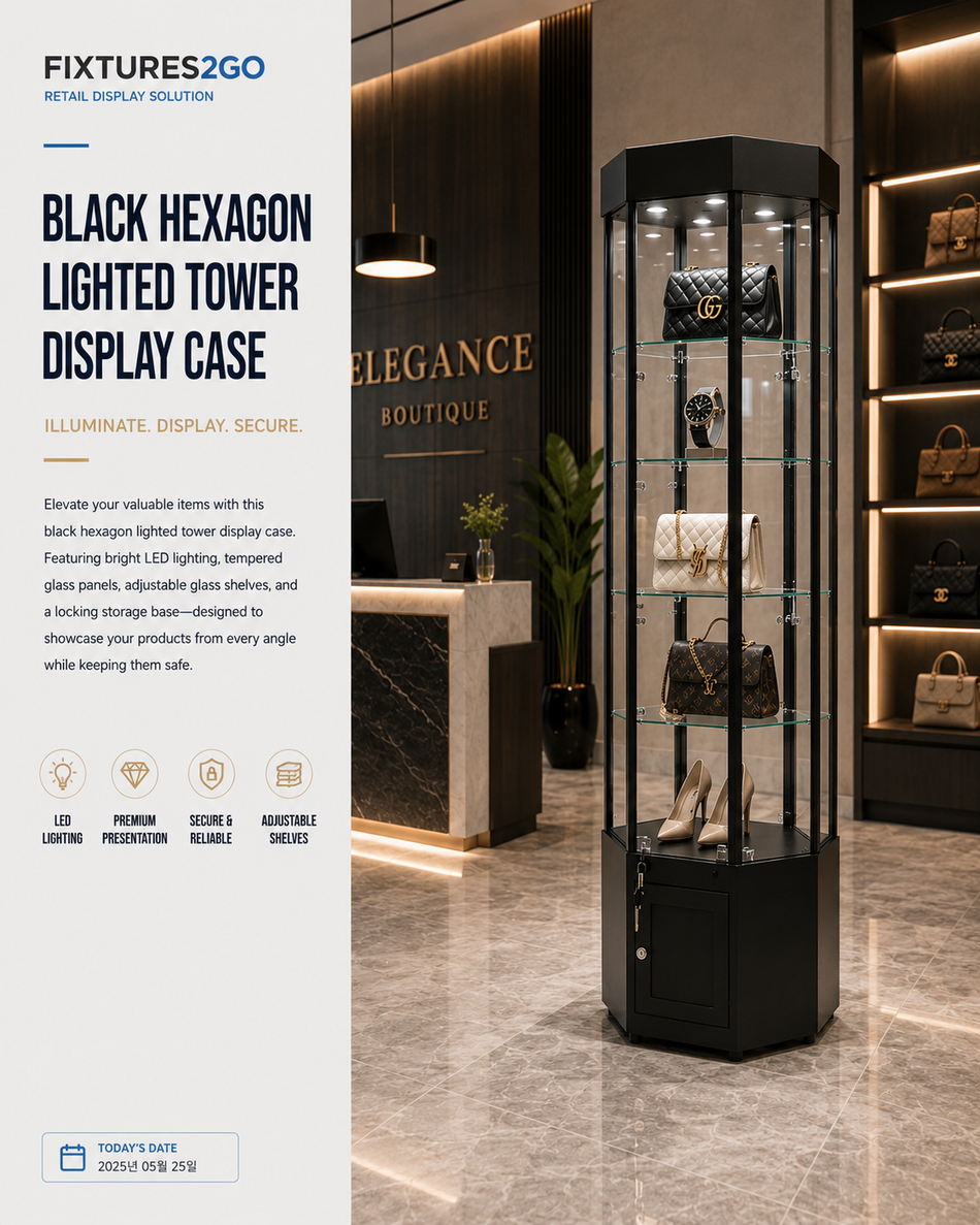 F2-7. BLACK HEXAGON LIGHTED TOWER DISPLAY CASE