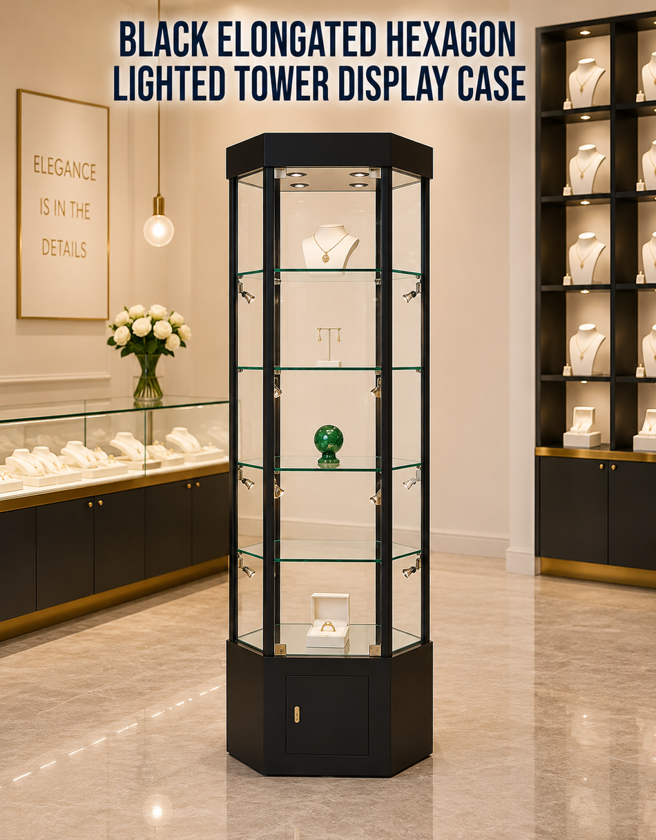 F2-8. BLACK ELONGATED HEXAGON LIGHTED TOWER DISPLAY CASE