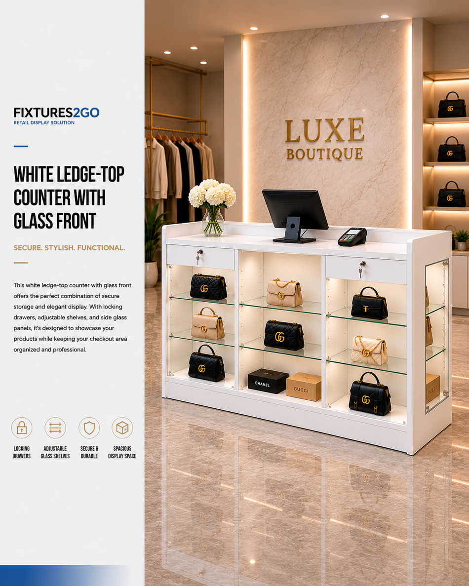 F3-1. WHITE LEDGE TOP COUNTER WITH GLASS FRONT
